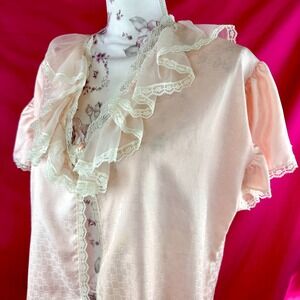 Vintage 80s Pink Lace Ruffle Peignoir Robe Cover Up Coquette Romantic Small